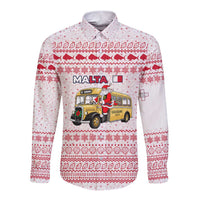 Malta Christmas Long Sleeve Button Shirt with Santa Driving Vintage Bus Malta Flag and Red White Festive Pattern Design - Wonder Print Shop