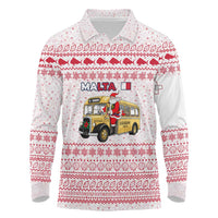 Malta Christmas Long Sleeve Polo Shirt with Santa Driving Vintage Bus Malta Flag and Red White Festive Pattern Design - Wonder Print Shop