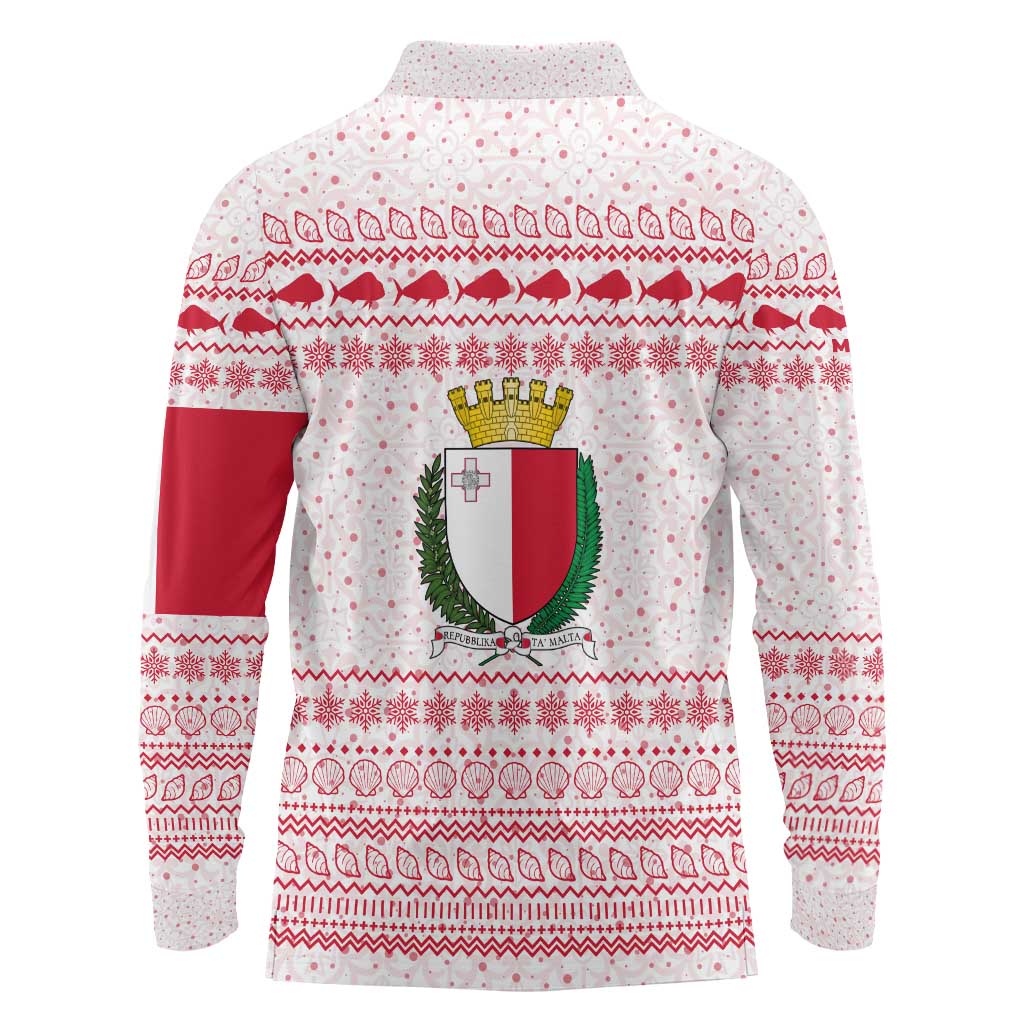 Malta Christmas Long Sleeve Polo Shirt with Santa Driving Vintage Bus Malta Flag and Red White Festive Pattern Design - Wonder Print Shop