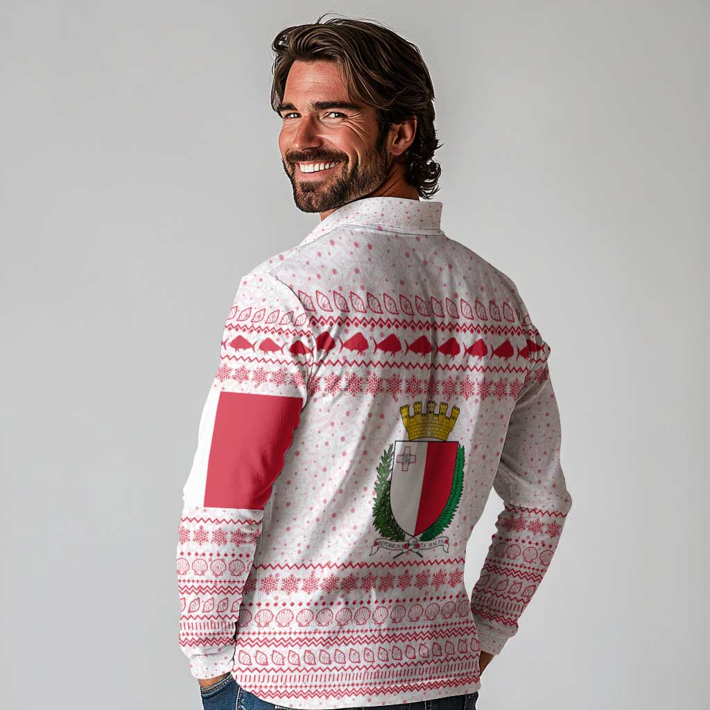 Malta Christmas Long Sleeve Polo Shirt with Santa Driving Vintage Bus Malta Flag and Red White Festive Pattern Design - Wonder Print Shop