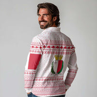 Malta Christmas Long Sleeve Polo Shirt with Santa Driving Vintage Bus Malta Flag and Red White Festive Pattern Design - Wonder Print Shop