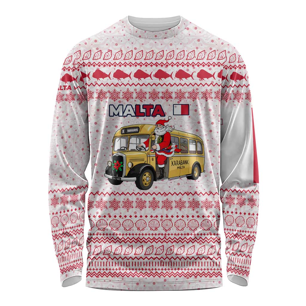 Malta Christmas Long Sleeve Shirt with Santa Driving Vintage Bus Malta Flag and Red White Festive Pattern Design - Wonder Print Shop