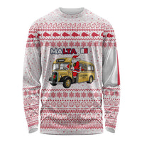 Malta Christmas Long Sleeve Shirt with Santa Driving Vintage Bus Malta Flag and Red White Festive Pattern Design - Wonder Print Shop