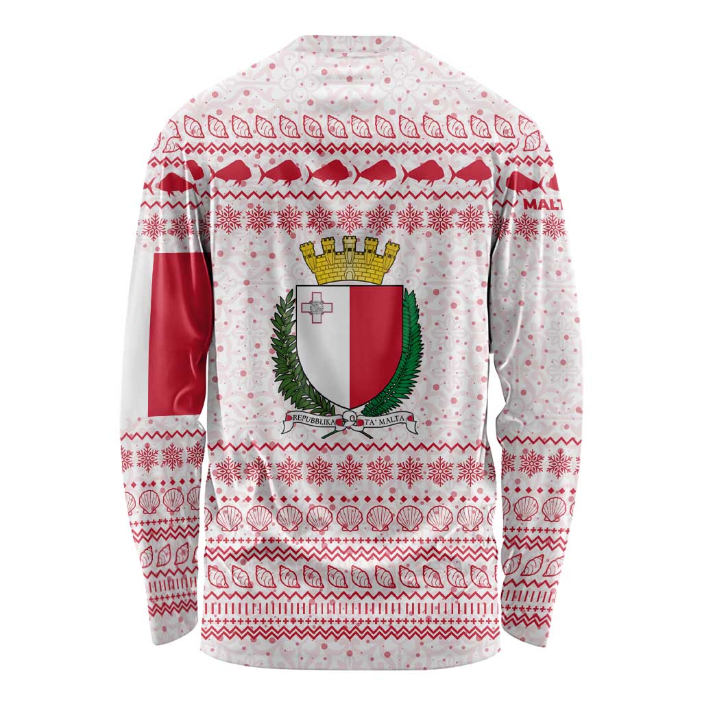 Malta Christmas Long Sleeve Shirt with Santa Driving Vintage Bus Malta Flag and Red White Festive Pattern Design - Wonder Print Shop