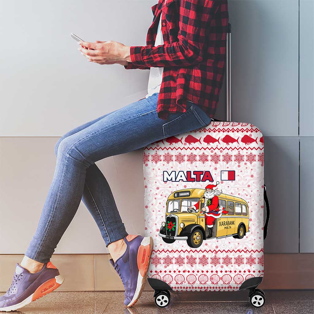 Malta Christmas Luggage Cover with Santa Driving Vintage Bus Malta Flag and Red White Festive Pattern Design - Wonder Print Shop
