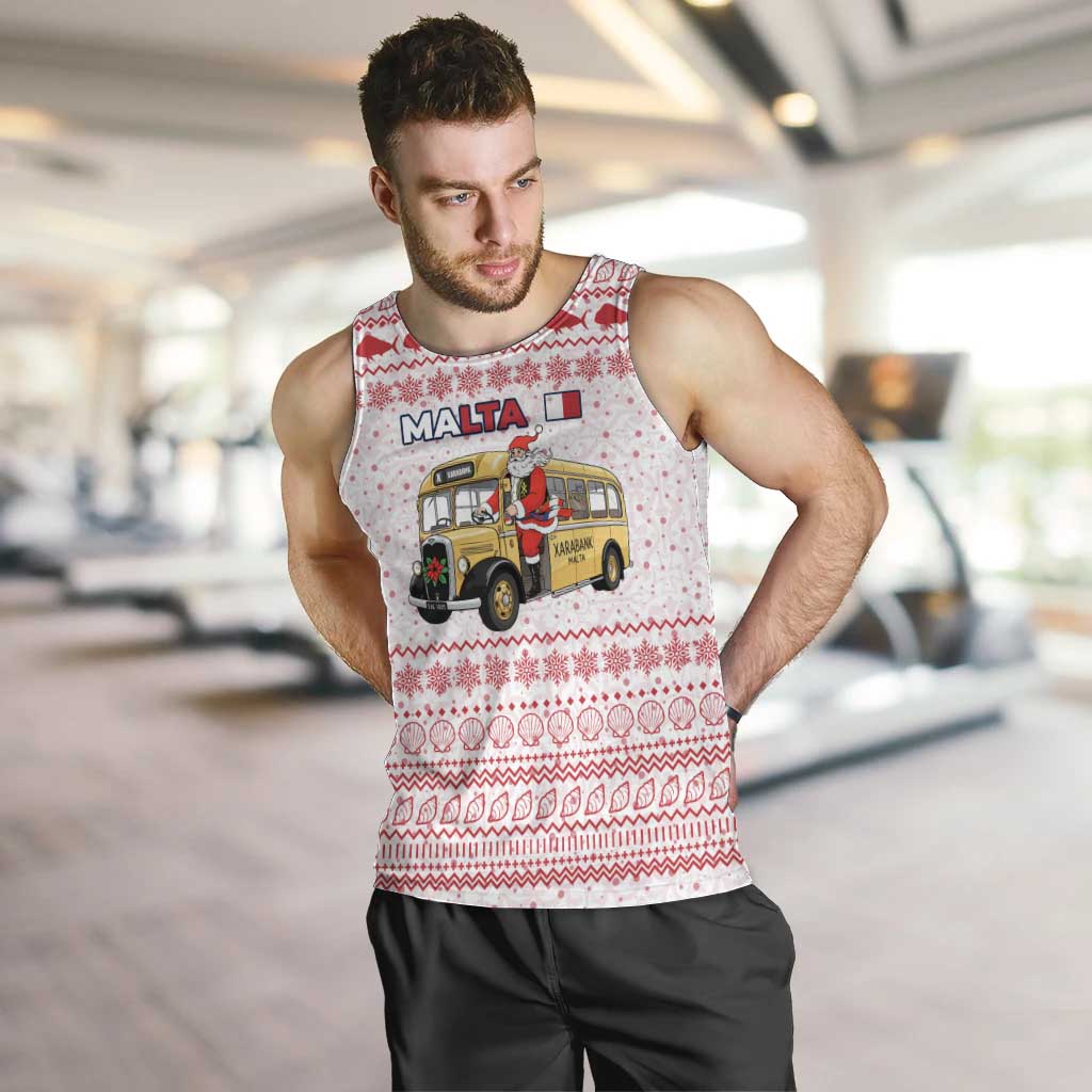 Malta Christmas Men Tank Top with Santa Driving Vintage Bus Malta Flag and Red White Festive Pattern Design - Wonder Print Shop