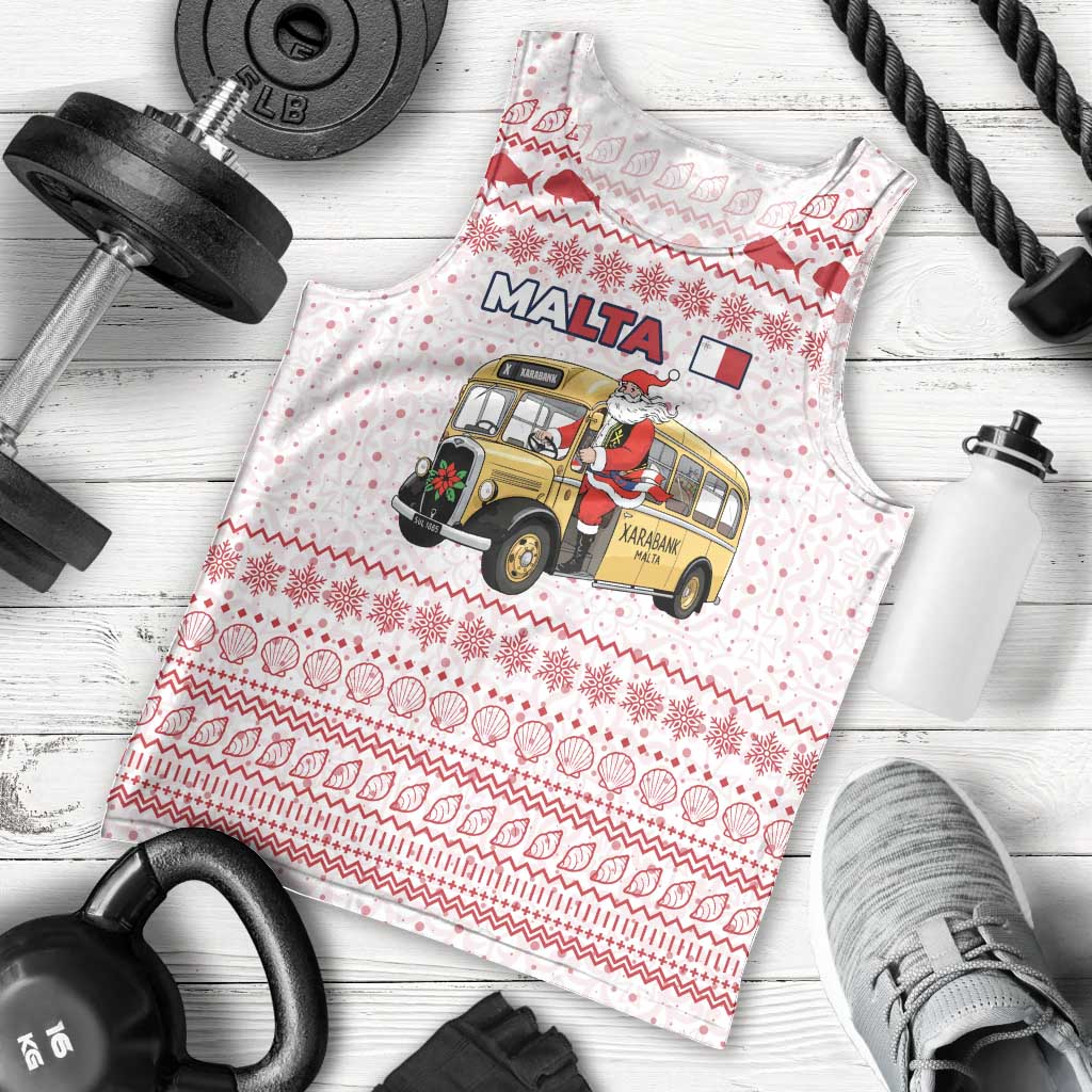 Malta Christmas Men Tank Top with Santa Driving Vintage Bus Malta Flag and Red White Festive Pattern Design - Wonder Print Shop