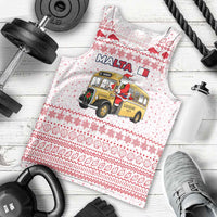 Malta Christmas Men Tank Top with Santa Driving Vintage Bus Malta Flag and Red White Festive Pattern Design - Wonder Print Shop