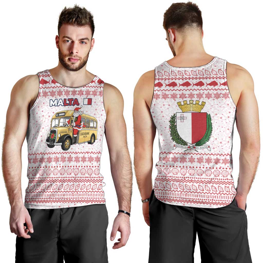 Malta Christmas Men Tank Top with Santa Driving Vintage Bus Malta Flag and Red White Festive Pattern Design - Wonder Print Shop