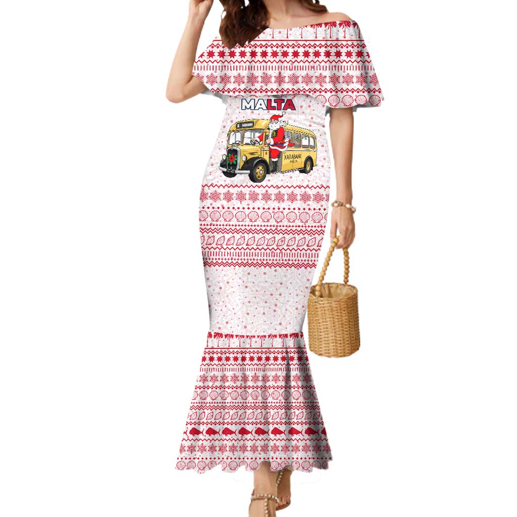 Malta Christmas Mermaid Dress with Santa Driving Vintage Bus Malta Flag and Red White Festive Pattern Design - Wonder Print Shop