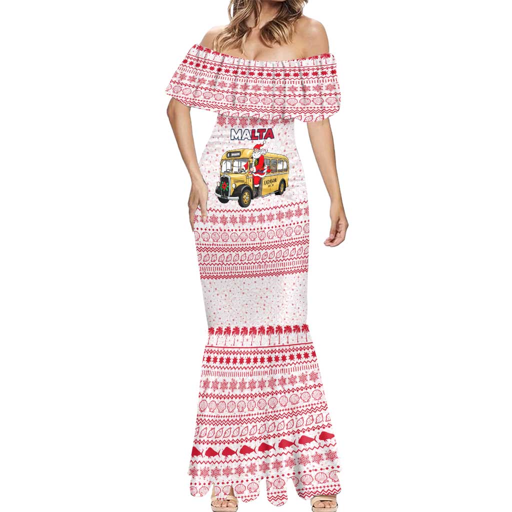 Malta Christmas Mermaid Dress with Santa Driving Vintage Bus Malta Flag and Red White Festive Pattern Design - Wonder Print Shop