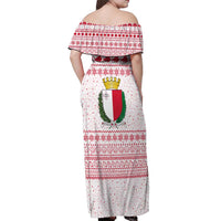 Malta Christmas Off Shoulder Maxi Dress with Santa Driving Vintage Bus Malta Flag and Red White Festive Pattern Design - Wonder Print Shop
