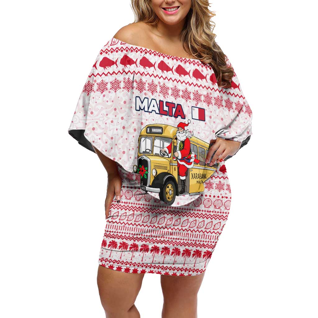 Malta Christmas Off Shoulder Short Dress with Santa Driving Vintage Bus Malta Flag and Red White Festive Pattern Design - Wonder Print Shop