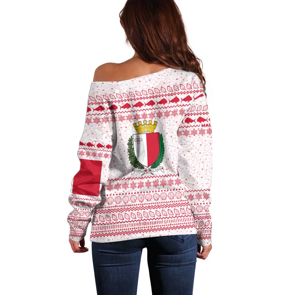 Malta Christmas Off Shoulder Sweater with Santa Driving Vintage Bus Malta Flag and Red White Festive Pattern Design - Wonder Print Shop