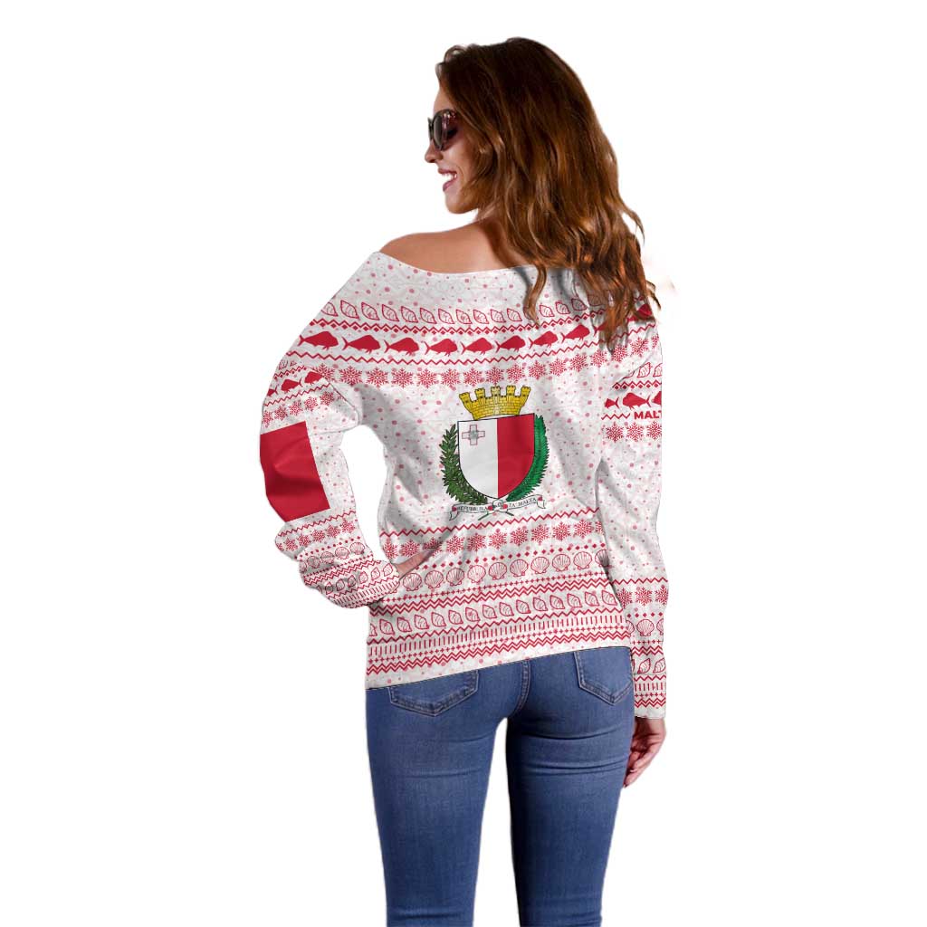 Malta Christmas Off Shoulder Sweater with Santa Driving Vintage Bus Malta Flag and Red White Festive Pattern Design - Wonder Print Shop