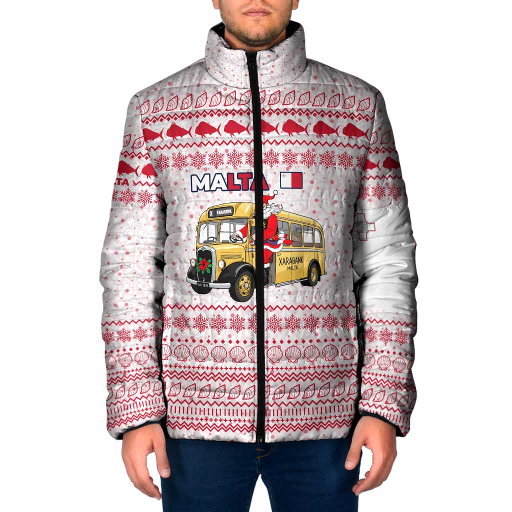 Malta Christmas Padded Jacket with Santa Driving Vintage Bus Malta Flag and Red White Festive Pattern Design - Wonder Print Shop