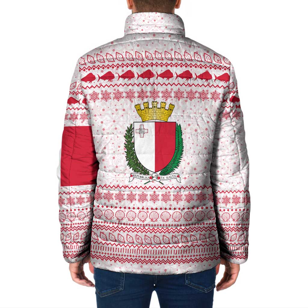 Malta Christmas Padded Jacket with Santa Driving Vintage Bus Malta Flag and Red White Festive Pattern Design - Wonder Print Shop