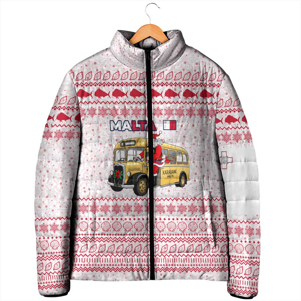 Malta Christmas Padded Jacket with Santa Driving Vintage Bus Malta Flag and Red White Festive Pattern Design - Wonder Print Shop