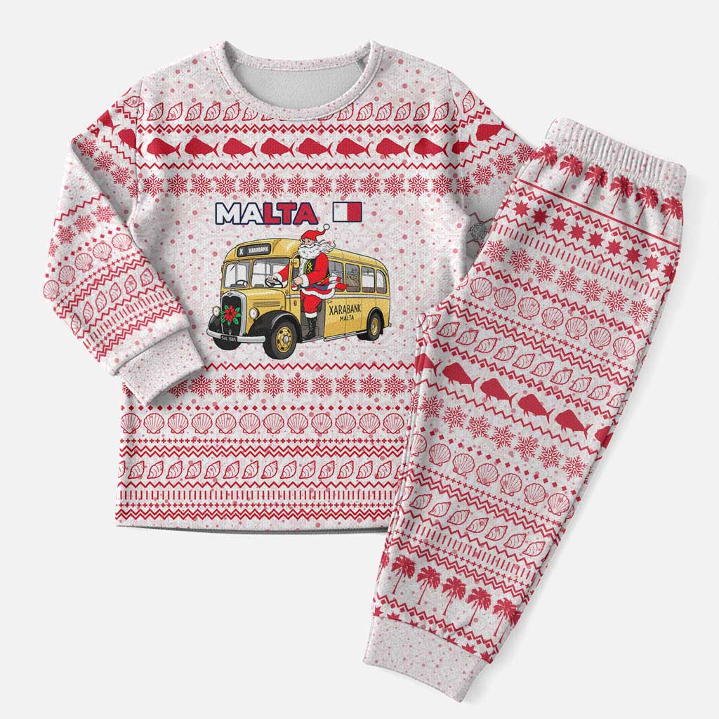 Malta Christmas Pajama Set with Santa Driving Vintage Bus Malta Flag and Red White Festive Pattern Design - Wonder Print Shop