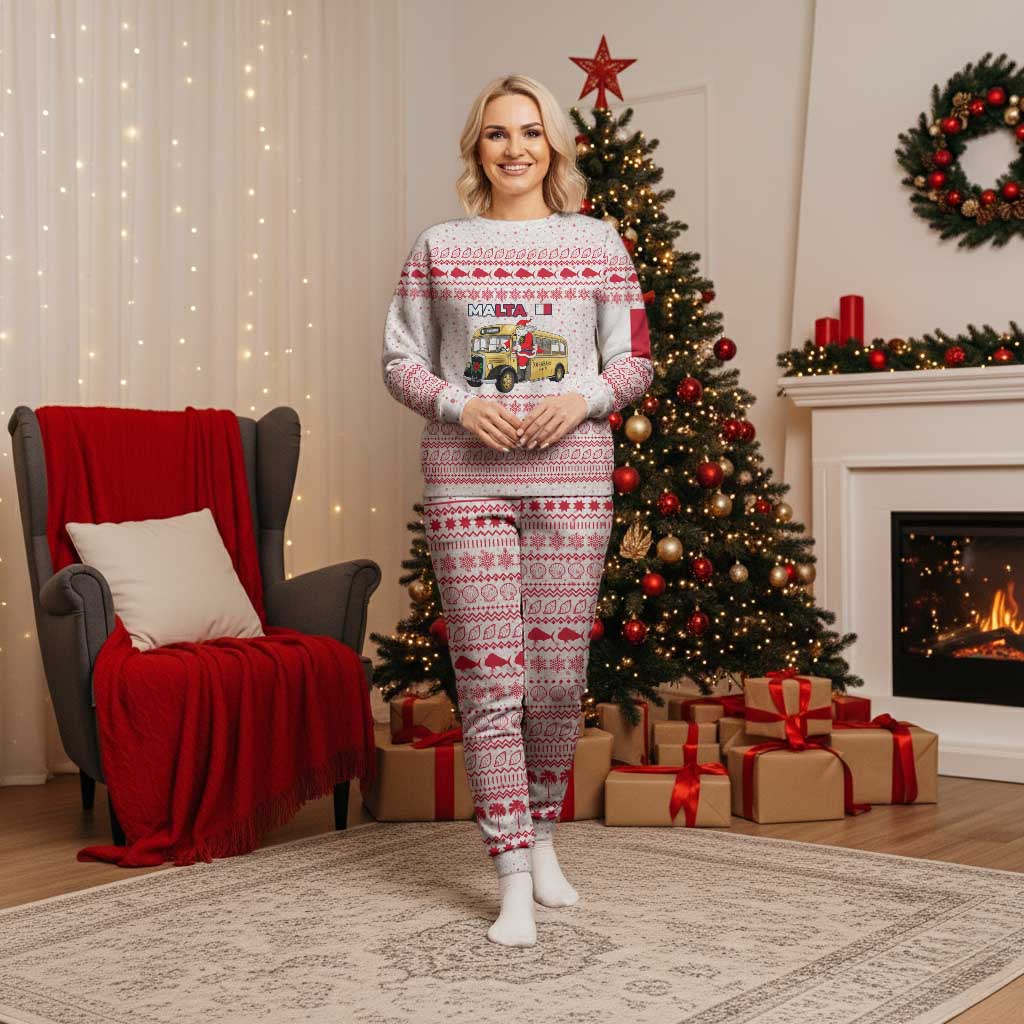 Malta Christmas Pajama Set with Santa Driving Vintage Bus Malta Flag and Red White Festive Pattern Design - Wonder Print Shop