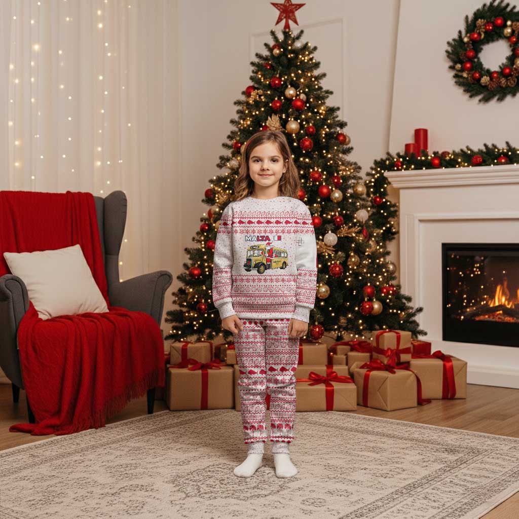 Malta Christmas Pajama Set with Santa Driving Vintage Bus Malta Flag and Red White Festive Pattern Design - Wonder Print Shop