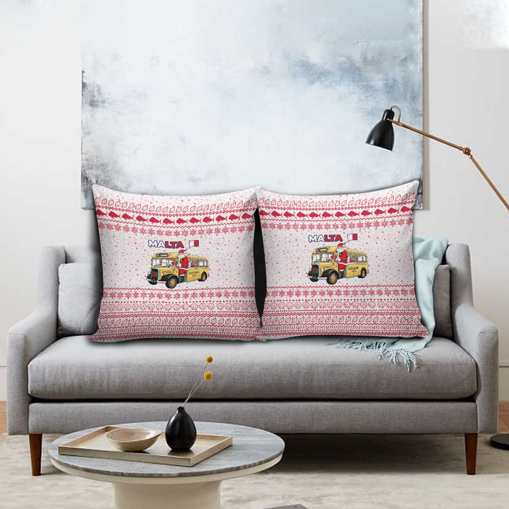 Malta Christmas Pillow Cover with Santa Driving Vintage Bus Malta Flag and Red White Festive Pattern Design - Wonder Print Shop