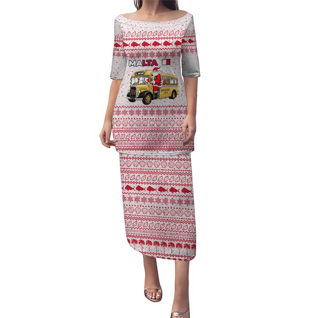 Malta Christmas Puletasi with Santa Driving Vintage Bus Malta Flag and Red White Festive Pattern Design - Wonder Print Shop