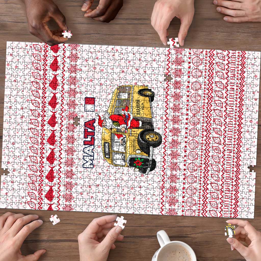 Malta Christmas Puzzle with Santa Driving Vintage Bus Malta Flag and Red White Festive Pattern Design - Wonder Print Shop