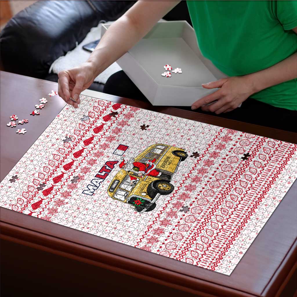 Malta Christmas Puzzle with Santa Driving Vintage Bus Malta Flag and Red White Festive Pattern Design - Wonder Print Shop