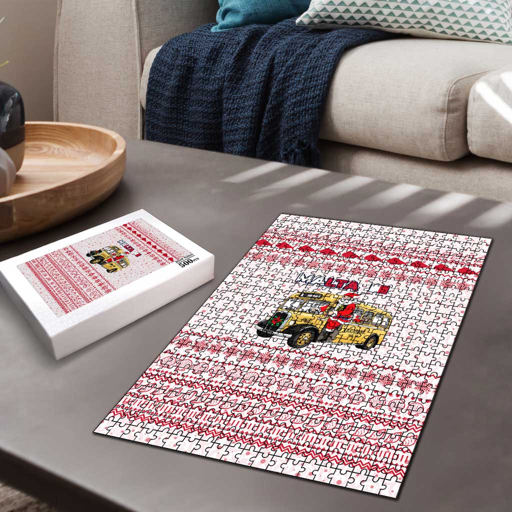 Malta Christmas Puzzle with Santa Driving Vintage Bus Malta Flag and Red White Festive Pattern Design - Wonder Print Shop