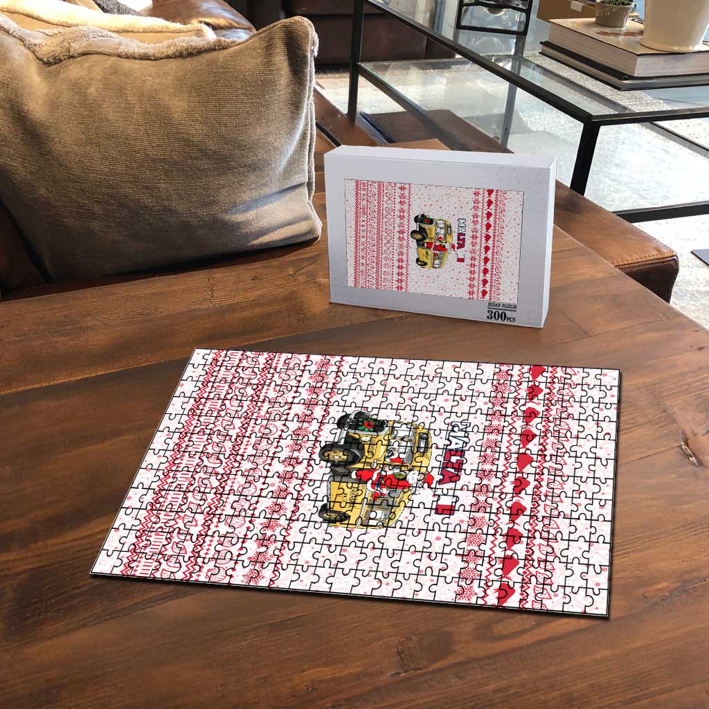 Malta Christmas Puzzle with Santa Driving Vintage Bus Malta Flag and Red White Festive Pattern Design - Wonder Print Shop