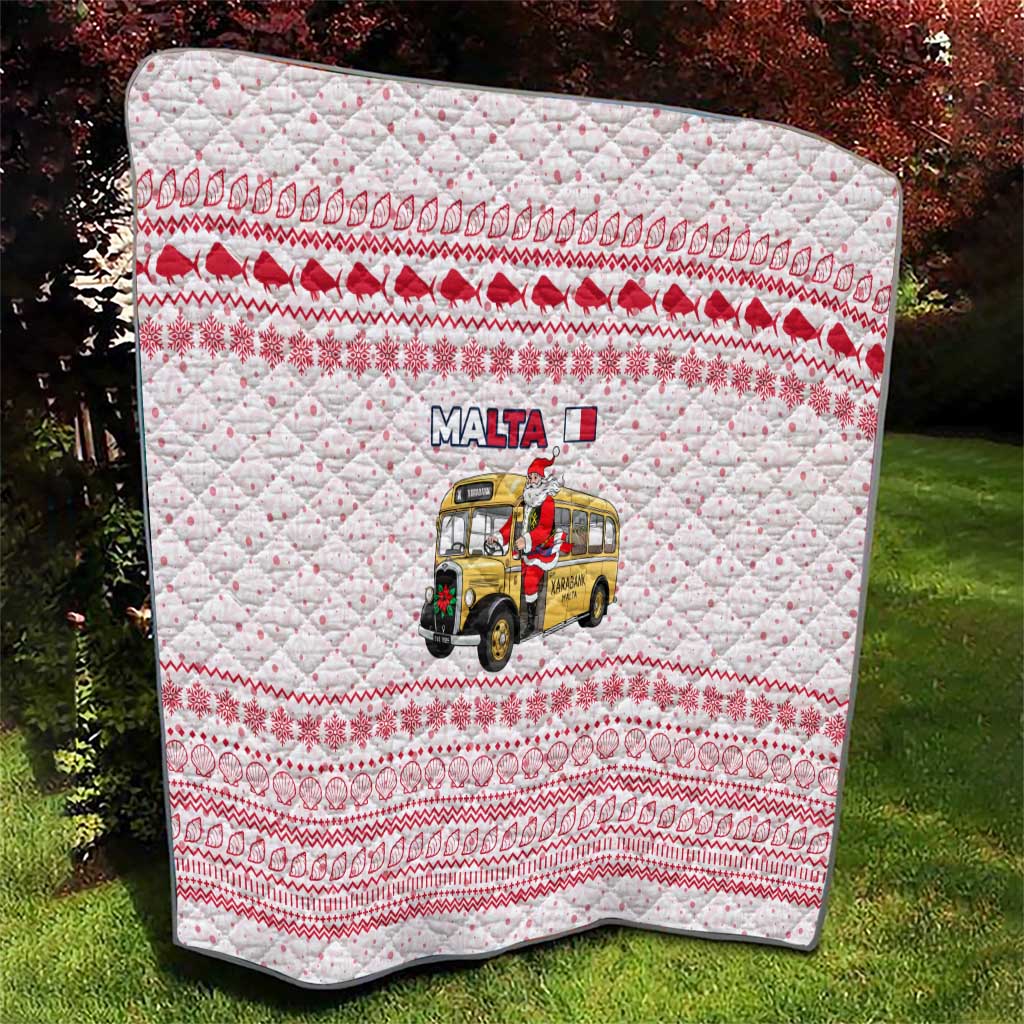 Malta Christmas Quilt with Santa Driving Vintage Bus Malta Flag and Red White Festive Pattern Design - Wonder Print Shop