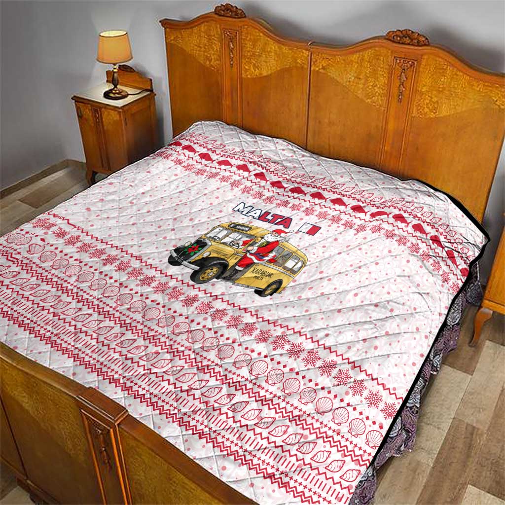 Malta Christmas Quilt with Santa Driving Vintage Bus Malta Flag and Red White Festive Pattern Design - Wonder Print Shop