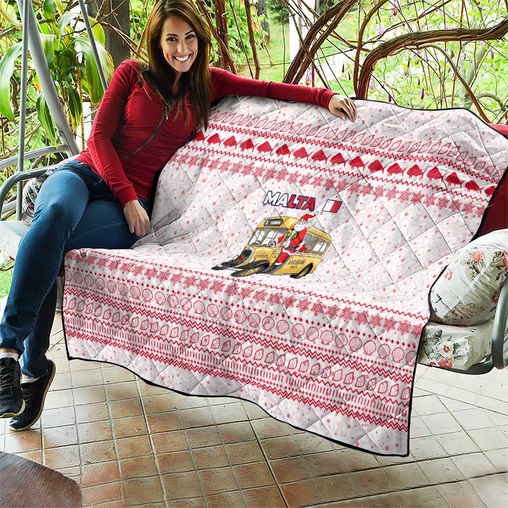 Malta Christmas Quilt with Santa Driving Vintage Bus Malta Flag and Red White Festive Pattern Design - Wonder Print Shop