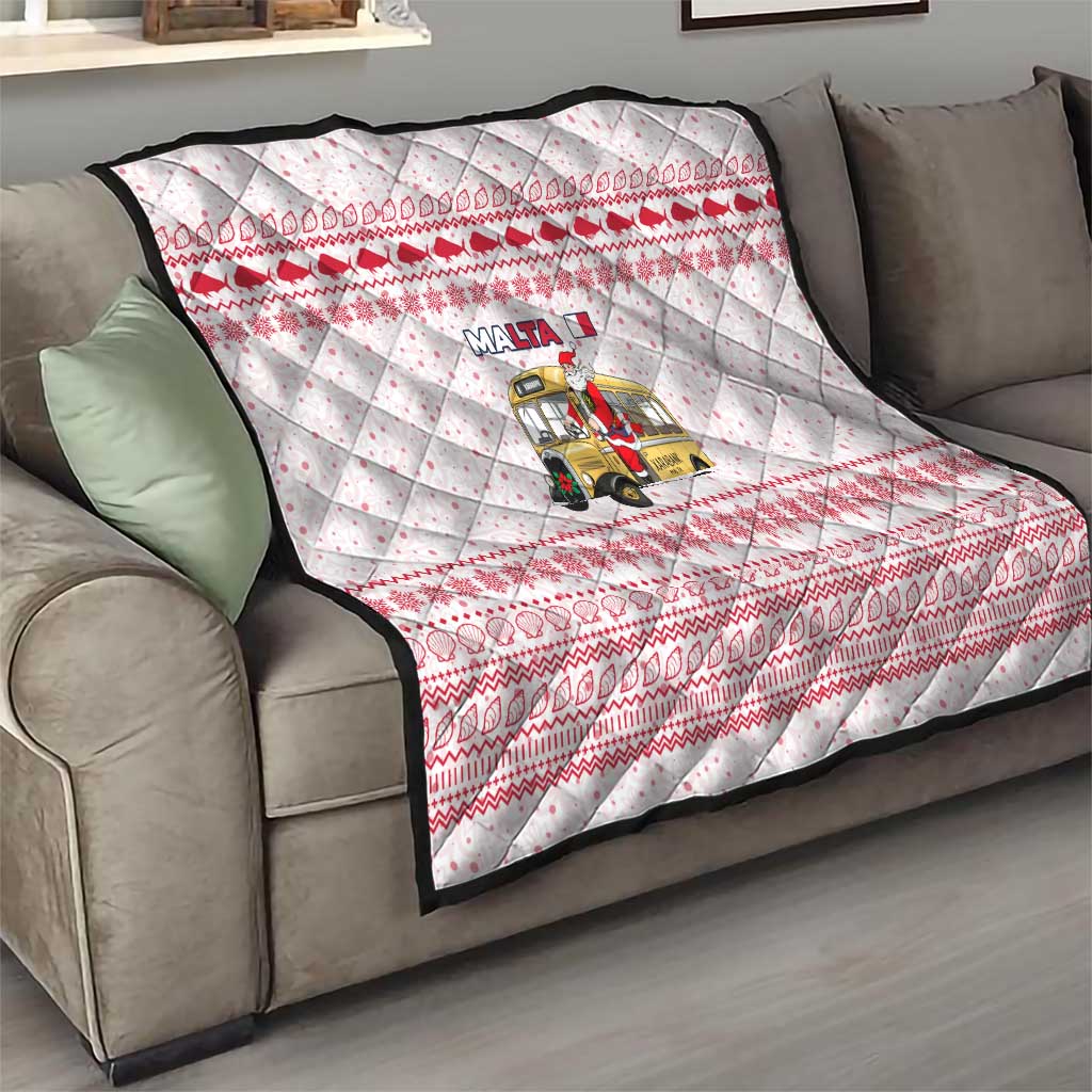 Malta Christmas Quilt with Santa Driving Vintage Bus Malta Flag and Red White Festive Pattern Design - Wonder Print Shop