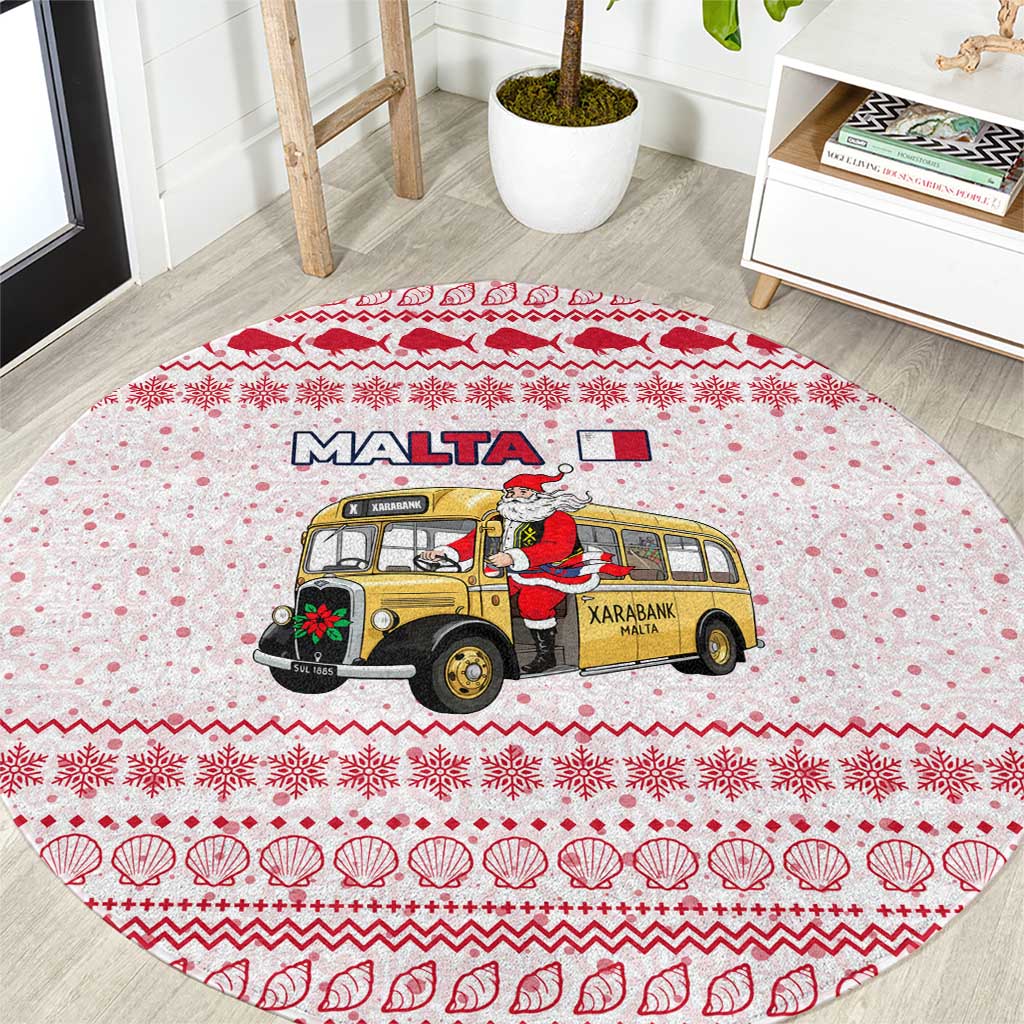 Malta Christmas Round Carpet with Santa Driving Vintage Bus Malta Flag and Red White Festive Pattern Design - Wonder Print Shop