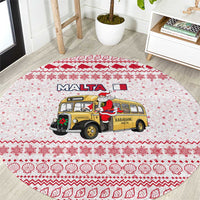 Malta Christmas Round Carpet with Santa Driving Vintage Bus Malta Flag and Red White Festive Pattern Design - Wonder Print Shop