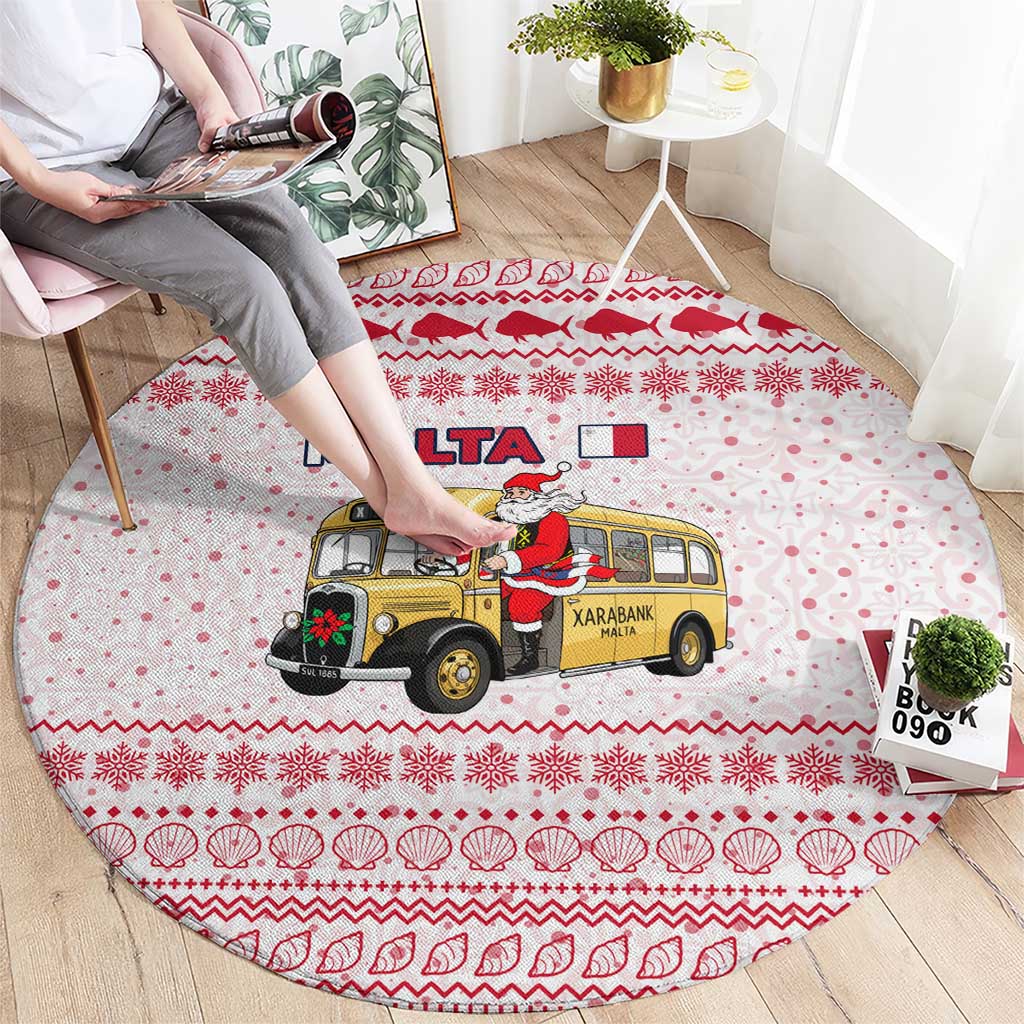 Malta Christmas Round Carpet with Santa Driving Vintage Bus Malta Flag and Red White Festive Pattern Design - Wonder Print Shop