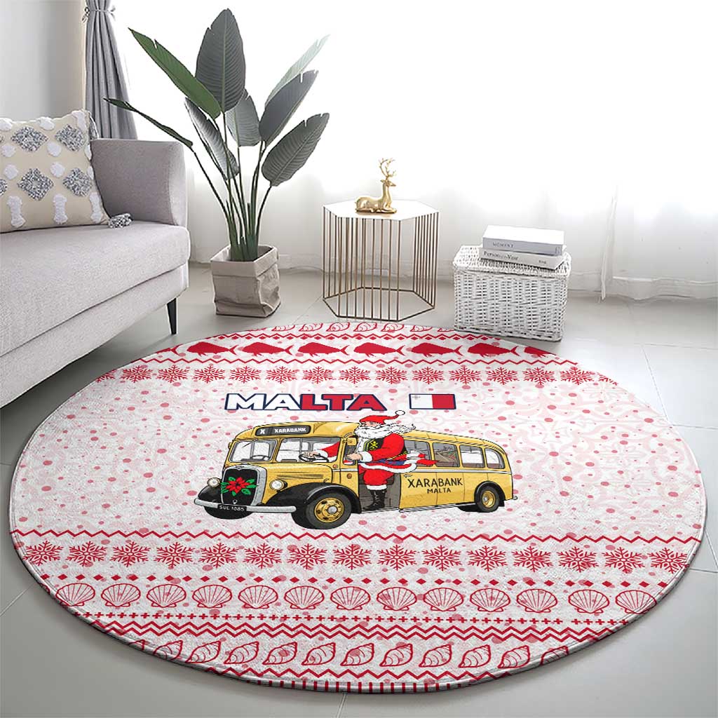 Malta Christmas Round Carpet with Santa Driving Vintage Bus Malta Flag and Red White Festive Pattern Design - Wonder Print Shop