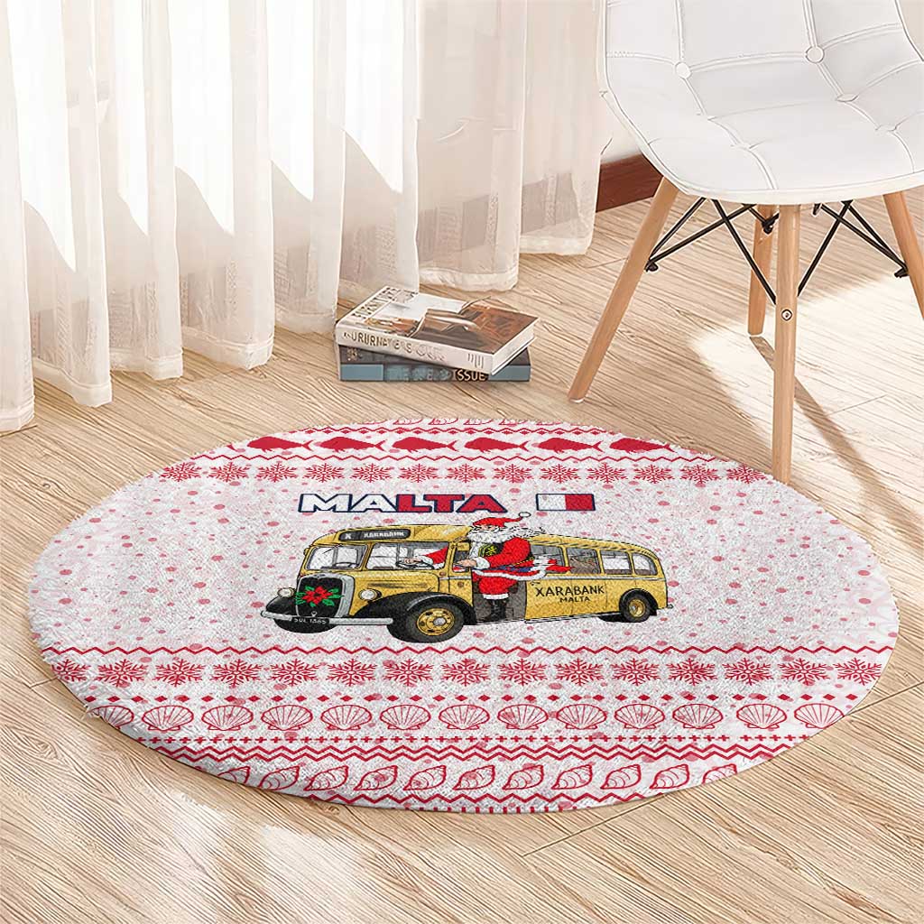 Malta Christmas Round Carpet with Santa Driving Vintage Bus Malta Flag and Red White Festive Pattern Design - Wonder Print Shop