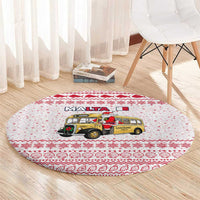 Malta Christmas Round Carpet with Santa Driving Vintage Bus Malta Flag and Red White Festive Pattern Design - Wonder Print Shop
