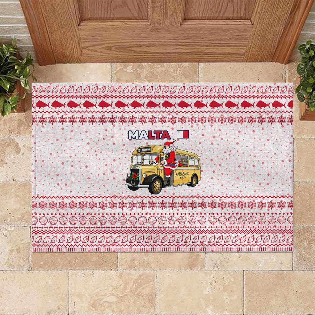 Malta Christmas Rubber Doormat with Santa Driving Vintage Bus Malta Flag and Red White Festive Pattern Design - Wonder Print Shop