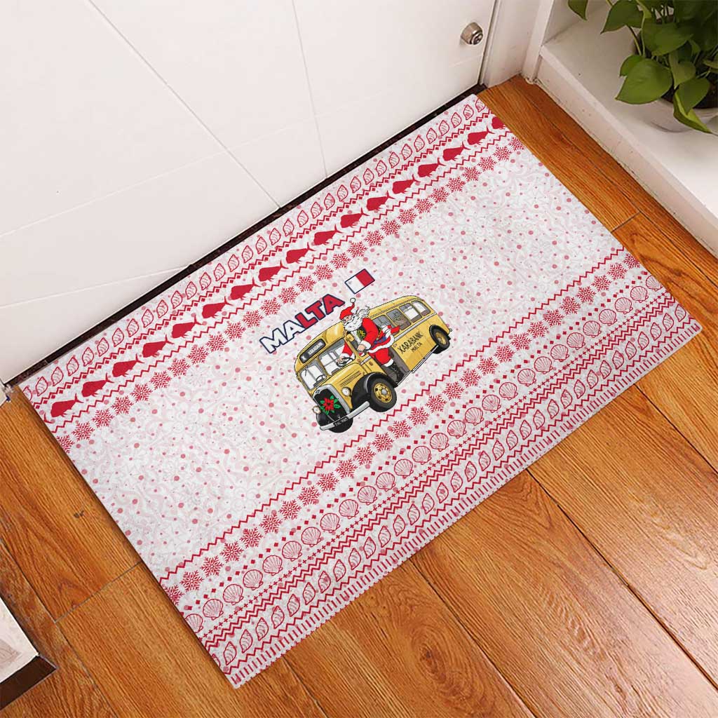 Malta Christmas Rubber Doormat with Santa Driving Vintage Bus Malta Flag and Red White Festive Pattern Design - Wonder Print Shop
