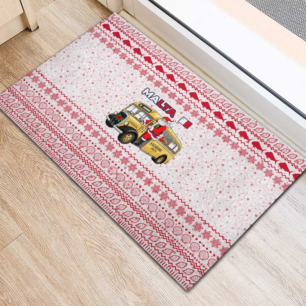 Malta Christmas Rubber Doormat with Santa Driving Vintage Bus Malta Flag and Red White Festive Pattern Design - Wonder Print Shop