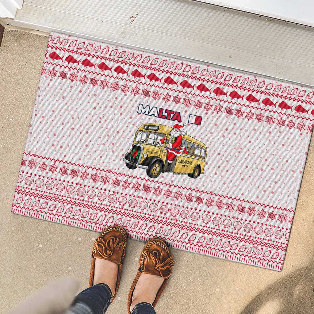 Malta Christmas Rubber Doormat with Santa Driving Vintage Bus Malta Flag and Red White Festive Pattern Design - Wonder Print Shop