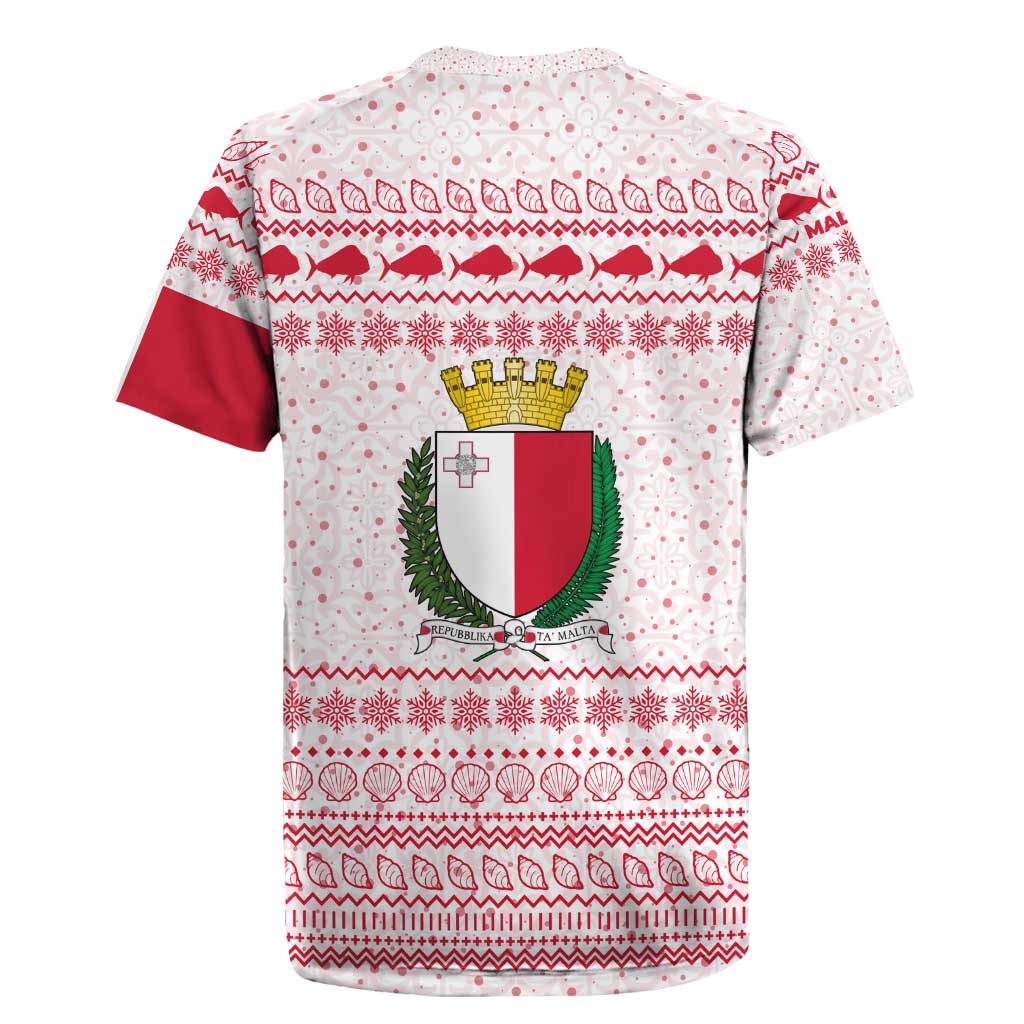Malta Christmas Rugby Jersey with Santa Driving Vintage Bus Malta Flag and Red White Festive Pattern Design - Wonder Print Shop