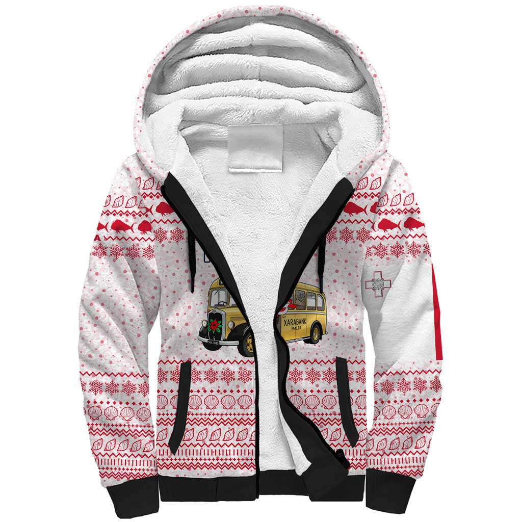 Malta Christmas Sherpa Hoodie with Santa Driving Vintage Bus Malta Flag and Red White Festive Pattern Design - Wonder Print Shop