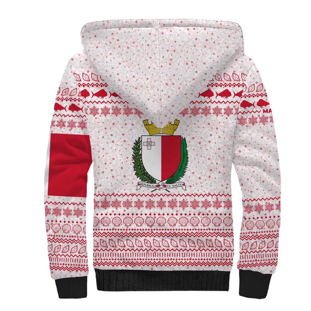 Malta Christmas Sherpa Hoodie with Santa Driving Vintage Bus Malta Flag and Red White Festive Pattern Design - Wonder Print Shop