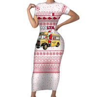 Malta Christmas Short Sleeve Bodycon Dress with Santa Driving Vintage Bus Malta Flag and Red White Festive Pattern Design - Wonder Print Shop