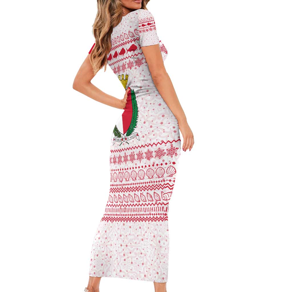 Malta Christmas Short Sleeve Bodycon Dress with Santa Driving Vintage Bus Malta Flag and Red White Festive Pattern Design - Wonder Print Shop